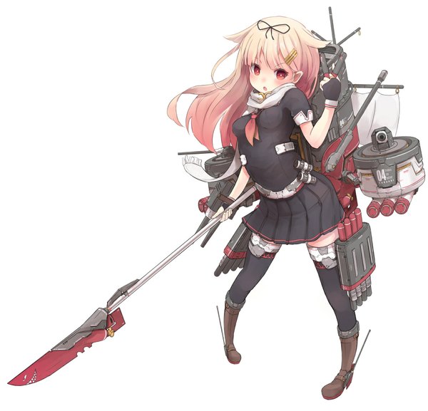 Anime picture 1039x1000 with kantai collection yuudachi destroyer nanashina (artist) single long hair looking at viewer blush open mouth simple background blonde hair red eyes white background remodel (kantai collection) girl thighhighs gloves hair ornament weapon black thighhighs boots