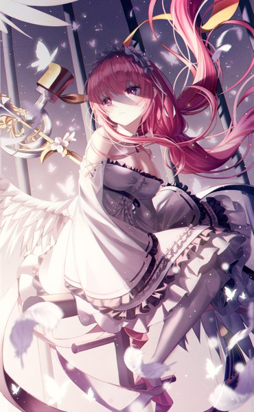 Anime picture 3700x6000 with azur lane perseus (azur lane) hyangu single long hair tall image blush fringe highres breasts light erotic twintails payot looking away pink hair absurdres cleavage full body bent knee (knees) pink eyes