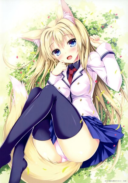 Anime picture 3020x4300 with original tateha (marvelous grace) single long hair tall image looking at viewer blush fringe highres breasts open mouth blue eyes light erotic blonde hair hair between eyes animal ears payot absurdres full body bent knee (knees)