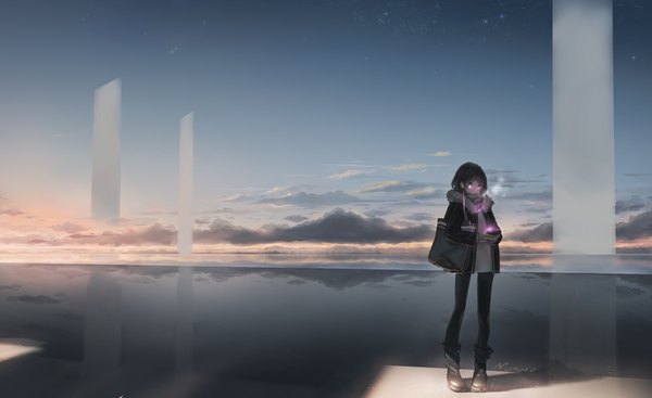 Anime picture 2123x1300 with original monono single highres black hair wide image sky cloud (clouds) sunlight couple reflection exhalation girl pantyhose water boots headphones scarf bag wire (wires)