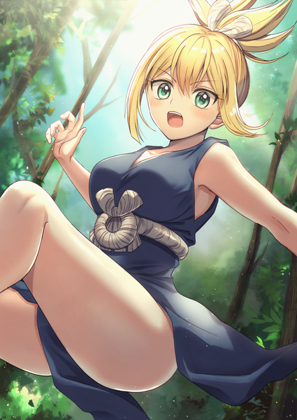 Anime picture 779x1100 with dr. stone kohaku (dr. stone) nanase (nns 6077) single tall image looking at viewer blush fringe short hair breasts open mouth light erotic blonde hair hair between eyes large breasts green eyes payot bent knee (knees) outdoors ponytail
