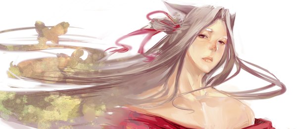 Anime picture 1925x840 with original shouka single long hair highres simple background red eyes wide image white background animal ears grey hair androgynous boy