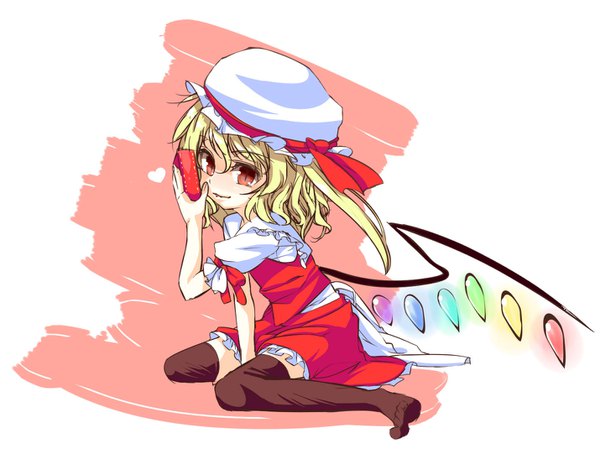 Anime picture 1429x1082 with touhou the embodiment of scarlet devil flandre scarlet shamo (koumakantv) single long hair blonde hair simple background sitting full body arm up light smile no shoes zettai ryouiki glowing side ponytail wariza slit pupils between legs frilly skirt