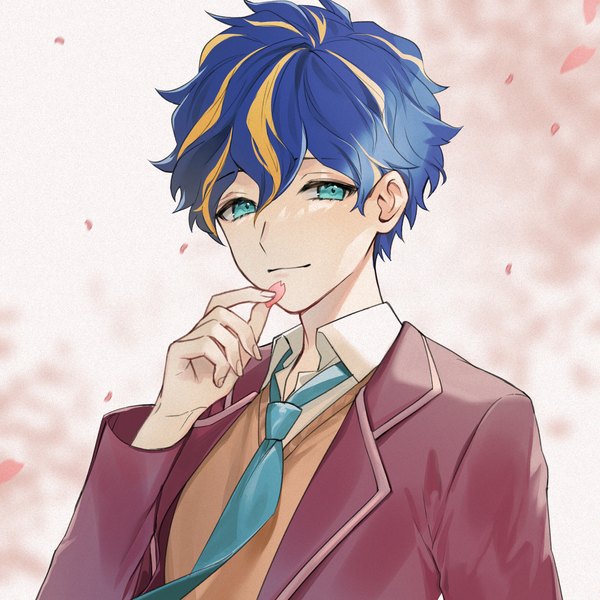 Anime picture 2000x2000 with virtual youtuber holostars astel leda isal (lasi) single looking at viewer highres short hair blue hair upper body multicolored hair aqua eyes streaked hair cherry blossoms boy petals necktie