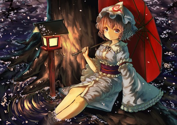 Anime picture 1684x1191 with touhou saigyouji yuyuko pyonsuke (pyon2 mfg) single blush fringe short hair blue eyes smile sitting holding looking away pink hair from above wide sleeves bare legs cherry blossoms reflection soaking feet girl