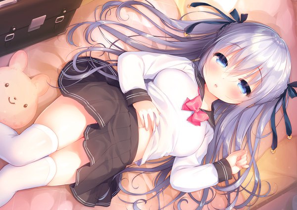 Anime picture 1273x900 with original usashiro mani single long hair looking at viewer blush fringe breasts open mouth blue eyes hair between eyes silver hair lying braid (braids) long sleeves midriff on back two side up dutch angle zettai ryouiki