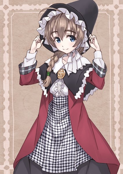 Anime picture 850x1200 with strike witches lynette bishop matsuryuu single long hair tall image looking at viewer blue eyes brown hair ahoge braid (braids) traditional clothes light smile single braid revision girl dress hat