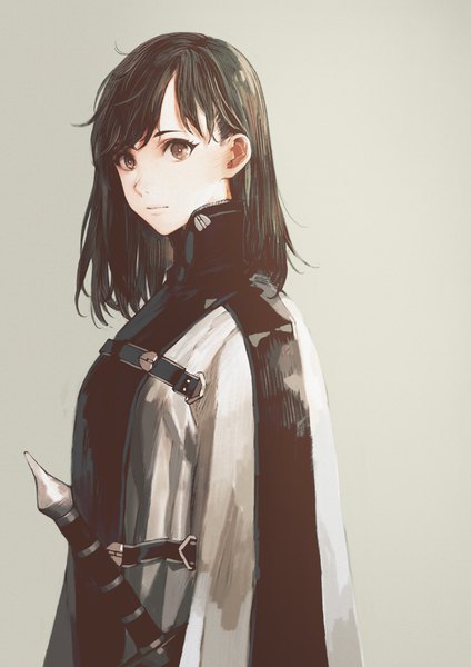 Anime picture 1448x2048 with original longsword (seojh1029) jun (seojh1029) single long hair tall image looking at viewer fringe breasts black hair simple background brown eyes upper body long sleeves grey background shadow sheathed traditional media polychromatic girl