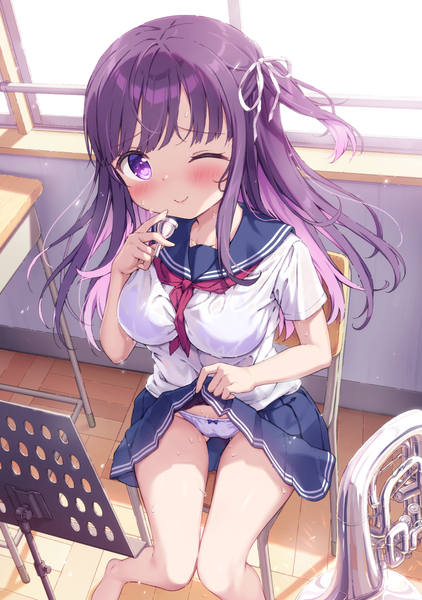 Anime picture 760x1080 with original ezoshika gg single long hair tall image looking at viewer blush fringe breasts light erotic smile sitting purple eyes payot purple hair cloud (clouds) bent knee (knees) indoors blunt bangs pleated skirt