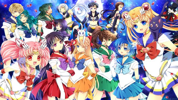 Anime picture 2000x1125 with bishoujo senshi sailor moon toei animation tsukino usagi sailor moon chibiusa aino minako kino makoto mizuno ami hino rei sailor venus sailor mars sailor mercury tomoe hotaru sailor jupiter kaiou michiru sailor saturn tenou haruka sailor chibi moon meiou setsuna sailor neptune