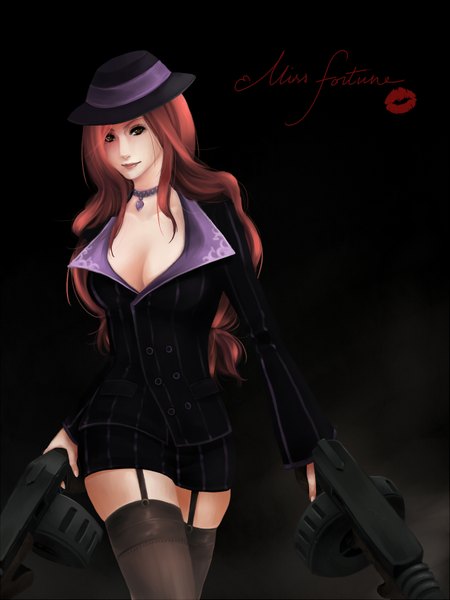 Anime picture 1181x1575 with league of legends miss fortune (league of legends) kraiya long hair tall image looking at viewer red eyes yellow eyes cleavage black background girl thighhighs black thighhighs hat gun pendant