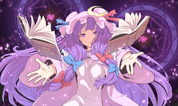 Anime picture 4232x2508 with touhou patchouli knowledge kawayabug single long hair looking at viewer highres wide image purple eyes absurdres purple hair tress ribbon girl bow hair bow hat heart book (books) bonnet moon (symbol)