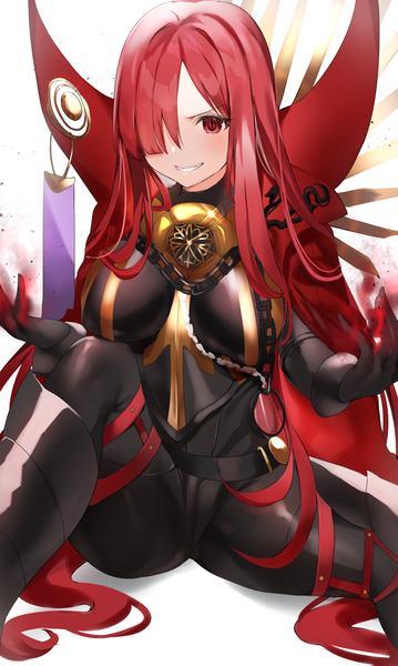 Anime picture 1248x2084 with fate (series) fate/grand order koha-ace oda nobunaga (fate) (all) oda nobunaga (maou avenger) (fate) yuuko (030 yuko) single long hair tall image looking at viewer blush fringe breasts light erotic simple background smile red eyes large breasts white background sitting