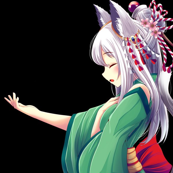 Anime picture 3000x3000 with original rinneko (good sun) suzune kou single long hair highres open mouth simple background animal ears silver hair tail eyes closed traditional clothes japanese clothes animal tail profile cat ears cat girl cat tail hair bun (hair buns)