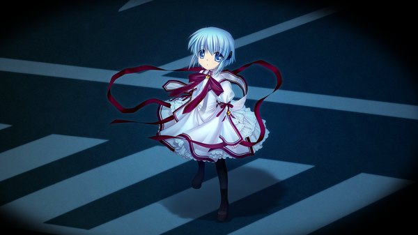 Anime picture 1280x720 with rewrite short hair blue eyes wide image game cg white hair girl dress ribbon (ribbons)