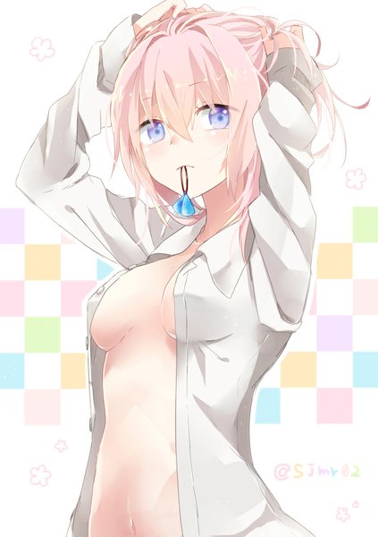 Anime picture 700x992 with kantai collection shiranui destroyer shijima (sjmr02) single tall image looking at viewer blush short hair blue eyes light erotic hair between eyes pink hair open clothes bare belly open shirt checkered checkered background naked shirt hands on head hairdressing