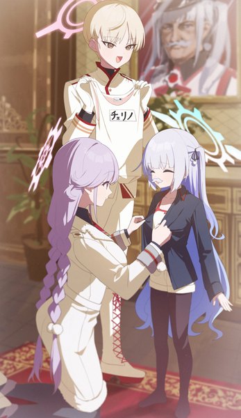 Anime picture 2144x3712 with blue archive cherino (blue archive) marina (blue archive) tomoe (blue archive) kaerunrun long hair tall image highres short hair open mouth blonde hair standing multiple girls holding yellow eyes silver hair purple hair full body indoors braid (braids)