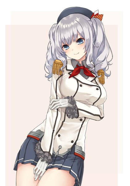 Anime picture 1400x2000 with kantai collection kashima training cruiser namec0 single long hair tall image looking at viewer blush breasts blue eyes simple background smile large breasts twintails payot silver hair long sleeves head tilt pleated skirt pink background