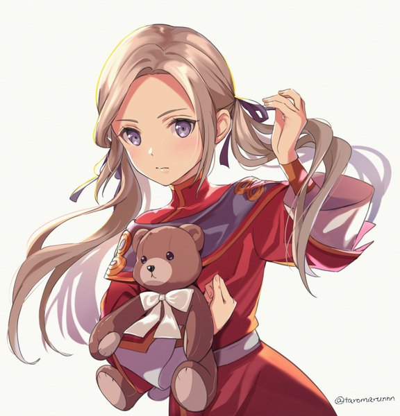 Anime picture 800x833 with fire emblem fire emblem: three houses nintendo edelgard von hresvelg misu kasumi single long hair tall image looking at viewer simple background brown hair white background purple eyes twintails signed upper body twitter username adjusting hair alternate age younger
