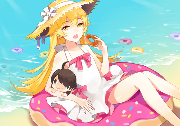 Anime picture 1126x793 with bakemonogatari shaft (studio) monogatari (series) oshino shinobu araragi koyomi apring single long hair fringe open mouth blonde hair hair between eyes sitting bare shoulders looking away orange eyes beach girl hat food