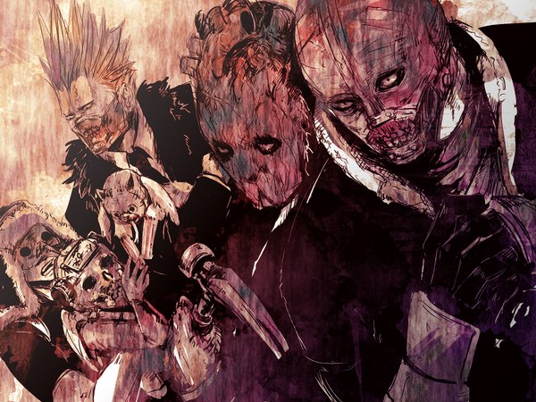 Anime picture 2000x1500 with dorohedoro mappa noi (dorohedoro) shin (dorohedoro) ebisu (dorohedoro) kikurage (dorohedoro) en (dorohedoro) fujita (dorohedoro) iduhara highres group everyone long nose gloves weapon hat animal mask skull dog