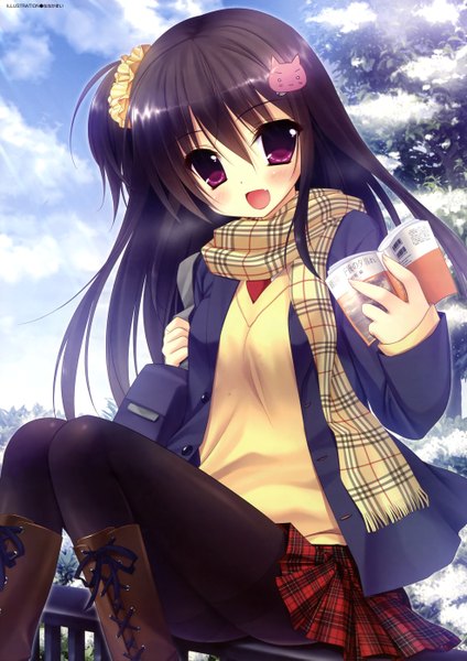 Anime picture 3951x5593 with original nanaka mai single long hair tall image looking at viewer blush highres open mouth black hair sitting purple eyes absurdres sky cloud (clouds) scan teeth fang (fangs) girl skirt