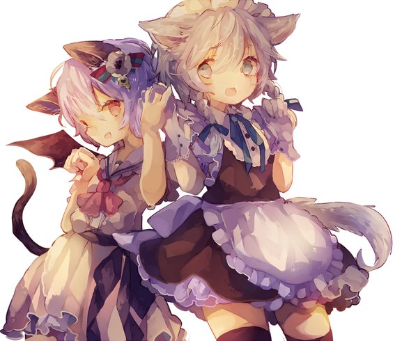 Anime picture 1500x1225 with touhou remilia scarlet izayoi sakuya cha goma looking at viewer fringe short hair open mouth simple background smile hair between eyes red eyes white background multiple girls holding animal ears blue hair silver hair tail braid (braids)