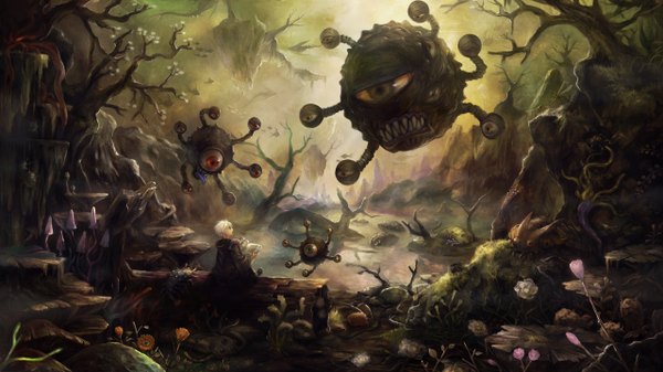 Anime picture 2560x1440 with dragon's crown vanillaware highres short hair open mouth wide image sitting holding yellow eyes white hair teeth sharp teeth long tongue boy flower (flowers) plant (plants) tree (trees) book (books) cloak monster