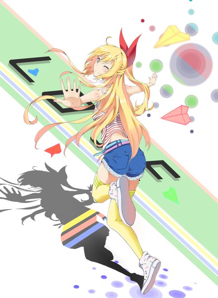 Anime picture 2480x3378 with nisekoi shaft (studio) kirisaki chitoge tagme (artist) single long hair tall image looking at viewer blush highres blue eyes blonde hair smile bare shoulders one eye closed looking back wink turning head spread arms striped