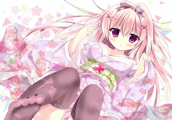 Anime picture 1000x697 with original azumi kazuki single long hair looking at viewer blush purple eyes pink hair traditional clothes japanese clothes legs girl thighhighs flower (flowers) black thighhighs kimono x hair ornament