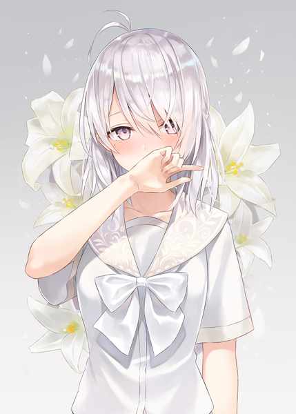 Anime picture 2591x3624 with original azuuru single tall image looking at viewer blush fringe highres short hair simple background hair between eyes silver hair upper body ahoge scan hair over one eye grey background mole short sleeves mole under eye