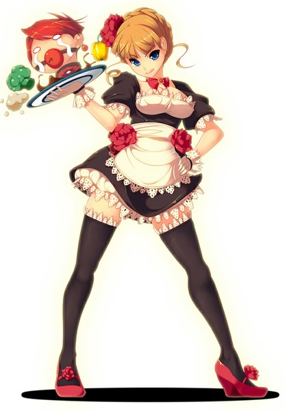 Anime picture 694x1000 with umineko no naku koro ni beatrice ushiromiya battler koflif tall image looking at viewer short hair blue eyes simple background blonde hair white background maid girl thighhighs gloves flower (flowers) black thighhighs headdress maid headdress fruit