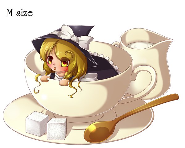 Anime picture 1750x1400 with touhou kirisame marisa kakiikada single long hair looking at viewer highres open mouth simple background blonde hair white background yellow eyes braid (braids) :o side braid minigirl in container girl ribbon (ribbons) hat