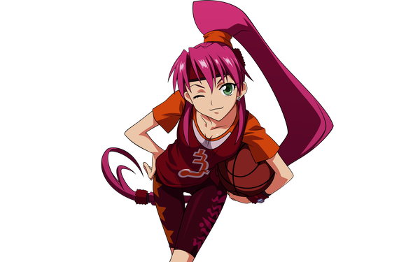 Anime picture 1920x1200 with basquash! satelight rouge single long hair looking at viewer highres smile wide image green eyes pink hair ponytail one eye closed from above wink wallpaper hand on hip transparent background vector girl