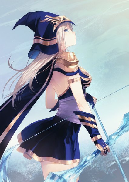 Anime picture 1274x1800 with league of legends ashe (league of legends) noco (adamas) single long hair tall image fringe breasts blue eyes standing holding profile from below girl skirt gloves weapon hat armor mantle