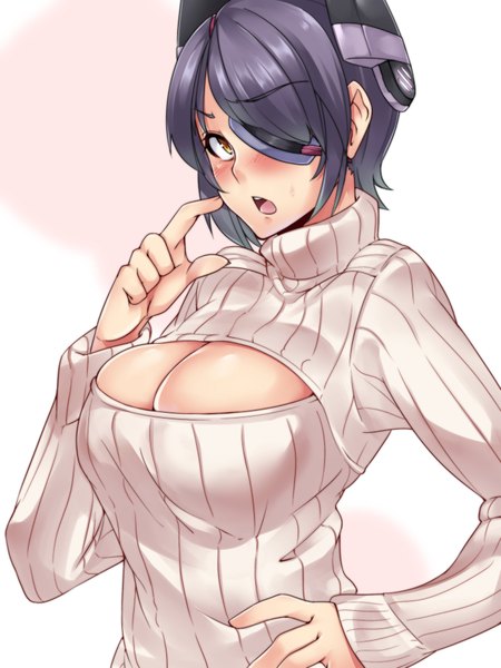 Anime picture 1440x1920 with kantai collection tenryuu light cruiser telescopic single tall image blush short hair breasts open mouth light erotic simple background large breasts white background yellow eyes looking away cleavage purple hair hand on hip finger to mouth girl