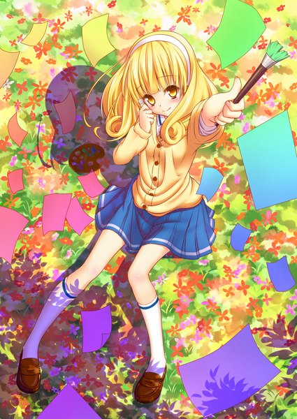 Anime picture 708x1000 with precure smile precure! toei animation kise yayoi nazu-na single tall image looking at viewer blush short hair blonde hair smile yellow eyes shadow girl skirt uniform flower (flowers) school uniform socks