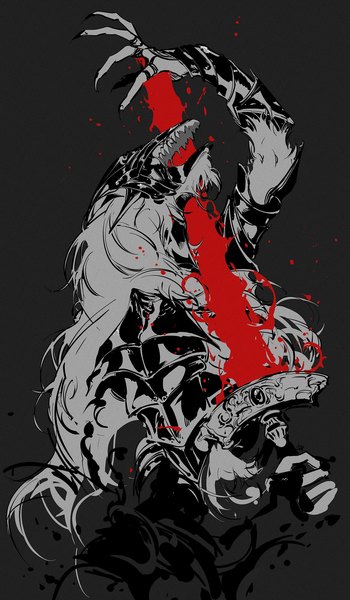 Anime picture 1372x2352 with elden ring maliketh the black blade timnehparrot single long hair tall image open mouth simple background arm up black background monochrome spot color boy weapon sword armor furry