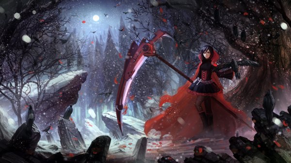 Anime picture 1200x675 with rwby rooster teeth ruby rose zi ye (hbptcsg2) single short hair black hair red eyes wide image night girl dress weapon plant (plants) animal tree (trees) bird (birds) moon cape forest
