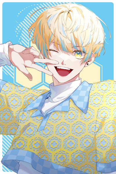 Anime picture 1000x1500 with virtual youtuber nijisanji hibachi mana mongmo single tall image looking at viewer short hair open mouth blonde hair yellow eyes upper body one eye closed multicolored hair wink teeth streaked hair border ;d outside border