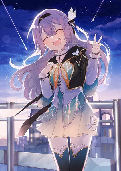 Anime picture 2894x4093 with honkai: star rail honkai (series) firefly (honkai: star rail) sofra single long hair tall image looking at viewer blush fringe highres open mouth hair between eyes signed silver hair cloud (clouds) eyes closed head tilt night night sky