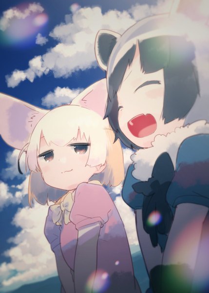 Anime picture 1066x1491 with kemono friends fennec (kemono friends) common raccoon (kemono friends) mizu asato tall image looking at viewer short hair open mouth black hair smile multiple girls brown eyes animal ears sky cloud (clouds) upper body white hair sunlight short sleeves happy