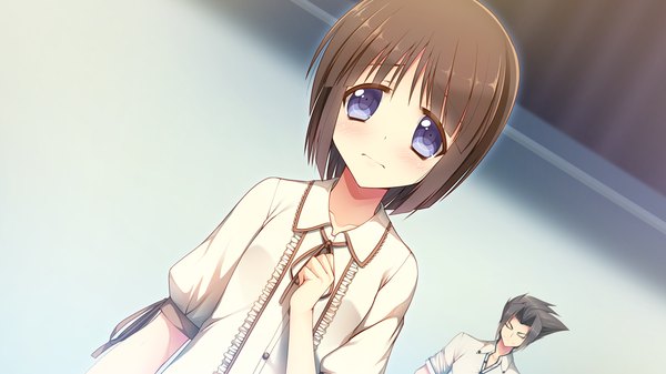 Anime picture 1280x720 with aisare roommate looking at viewer short hair blue eyes brown hair wide image game cg girl dress