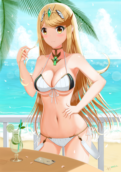 Anime picture 2480x3508 with xenoblade xenoblade 2 mythra (xenoblade) ken-san single long hair tall image blush fringe highres breasts light erotic blonde hair large breasts standing bare shoulders holding signed yellow eyes payot