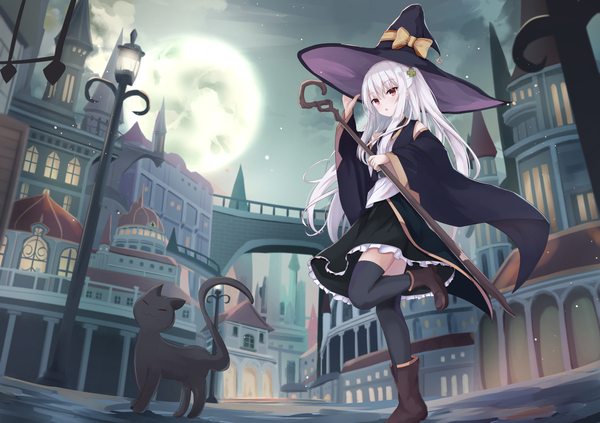 Anime picture 2006x1416 with original touhourh single long hair looking at viewer blush fringe highres open mouth hair between eyes red eyes standing holding payot full body bent knee (knees) outdoors white hair long sleeves night