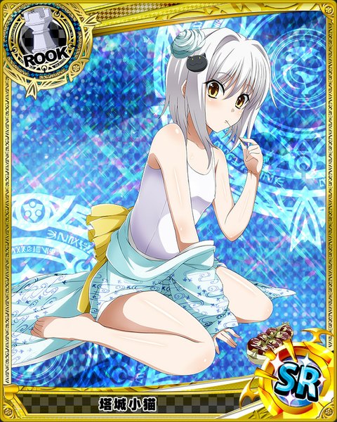 Anime picture 640x800 with highschool dxd toujou koneko single tall image looking at viewer blush short hair light erotic bare shoulders yellow eyes white hair loli card (medium) girl hair ornament swimsuit white school swimsuit