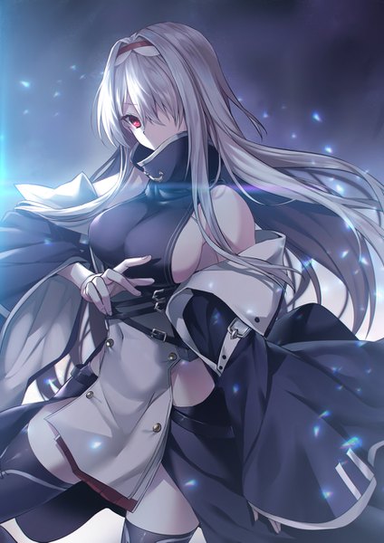 Anime picture 900x1273 with azur lane colorado (azur lane) luzi (coffee-straw-luzi) single long hair tall image looking at viewer fringe breasts light erotic red eyes large breasts standing payot silver hair wind hair over one eye off shoulder wide sleeves sideboob