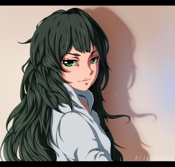 Anime picture 2000x1913 with steins;gate white fox hiyajou maho aizen sowan single long hair looking at viewer blush fringe highres simple background smile green eyes signed upper body green hair shadow letterboxed girl labcoat