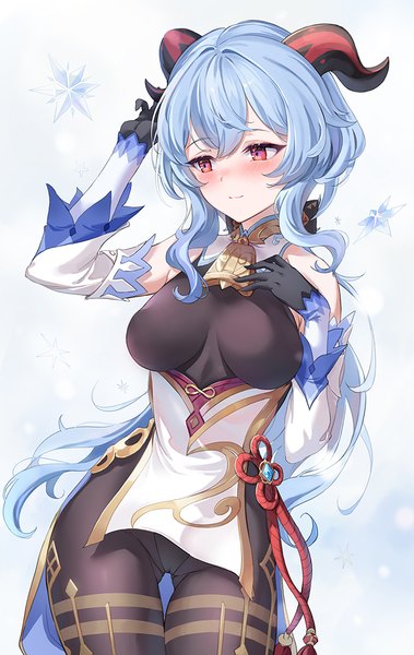 Anime picture 700x1108 with genshin impact ganyu (genshin impact) emyo single long hair tall image blush fringe breasts light erotic simple background large breasts standing bare shoulders payot blue hair looking away traditional clothes arm up horn (horns)