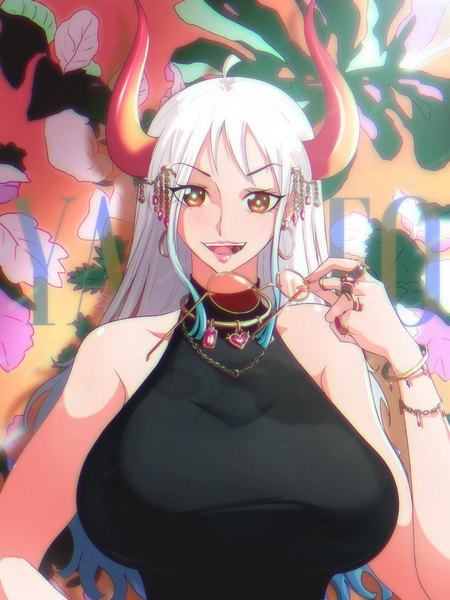 Anime picture 3072x4096 with one piece toei animation yamato (one piece) opalisart single long hair tall image looking at viewer fringe highres breasts open mouth light erotic smile bare shoulders brown eyes absurdres upper body ahoge white hair
